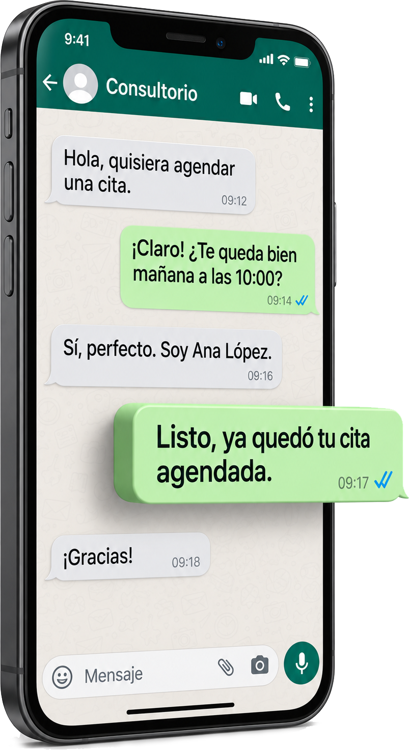Conversación de WhatsApp: un paciente agenda su cita con el consultorio y queda confirmada